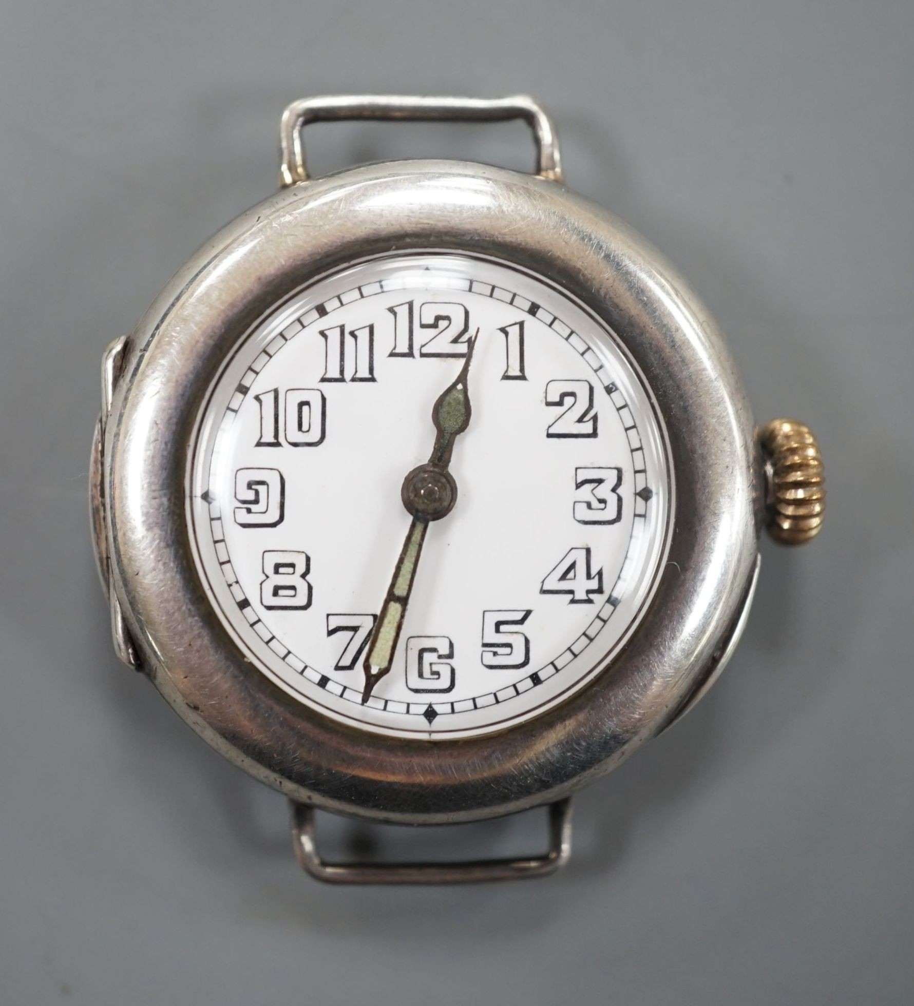 A lady's George V silver manual wind Rolex wrist watch, with Arabic dial, no strap, hallmarked for London, 1916, case diameter 29mm.